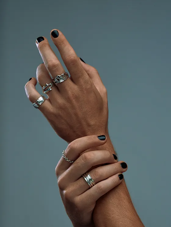 Editorial detail of Indigo Pulse sterling silver jewelry, a beat etched on the skin