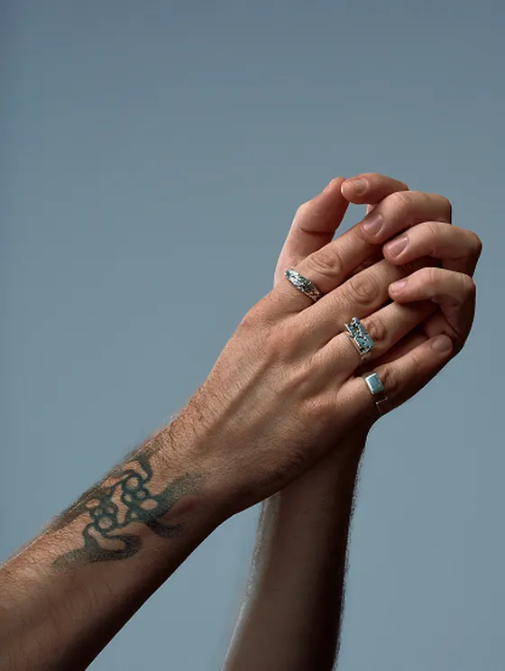 Editorial detail of Indigo Resonance sterling silver jewelry, luminous forms of precious energy
