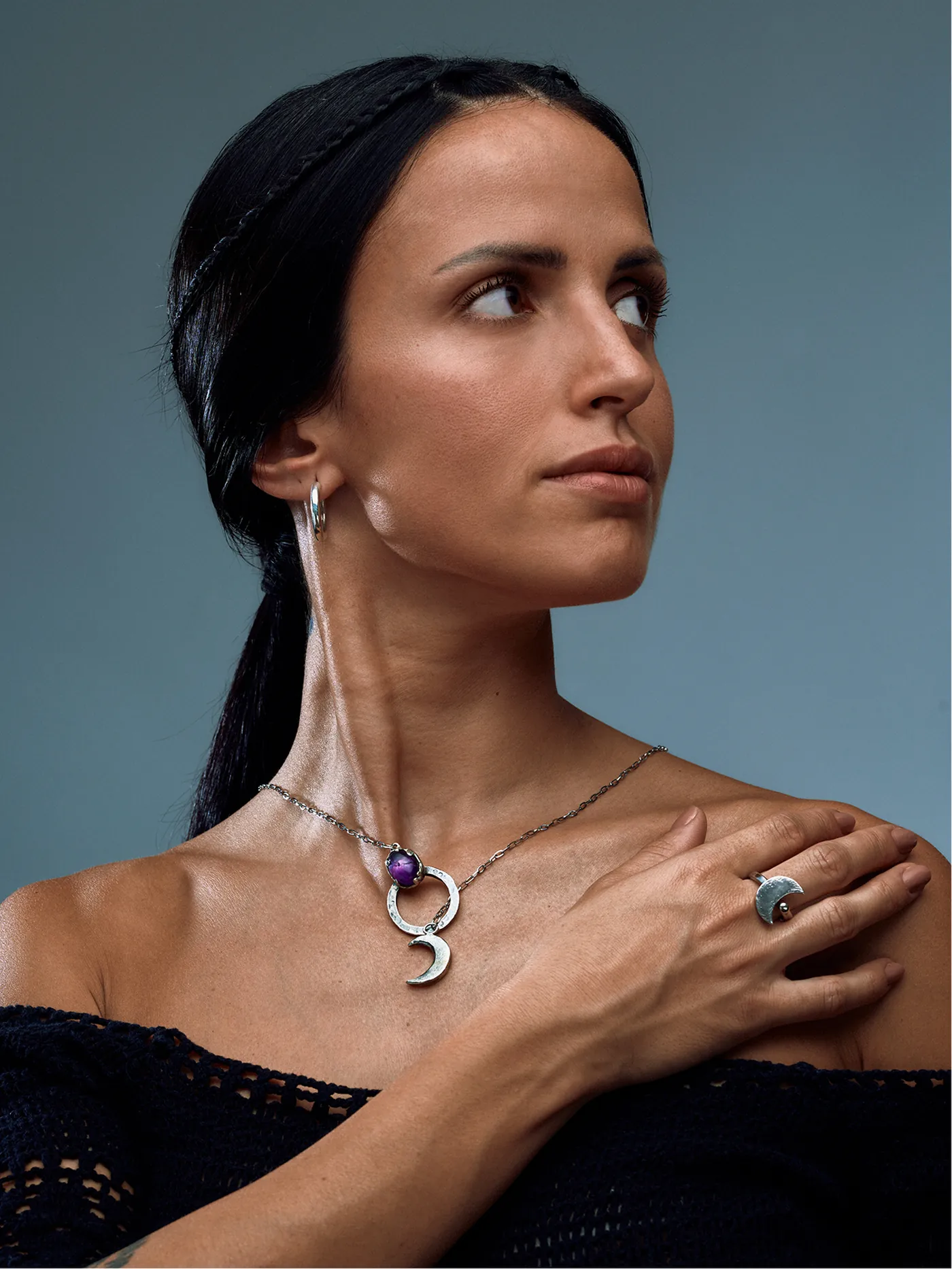Indigo Selene silver ring styled in the nomadic Rhythm editorial