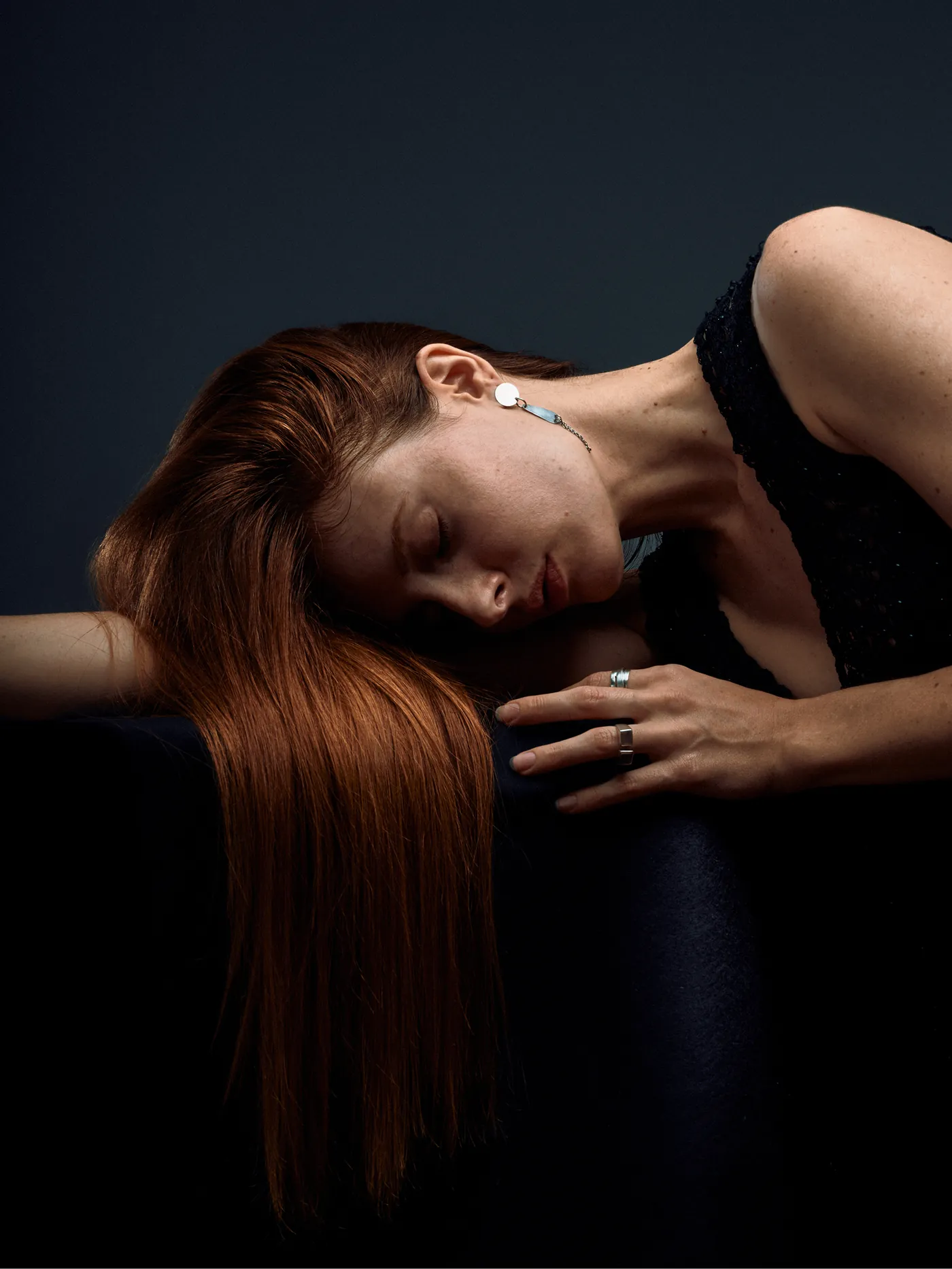 Indigo Axis silver ring styled in the whispered Whisper editorial