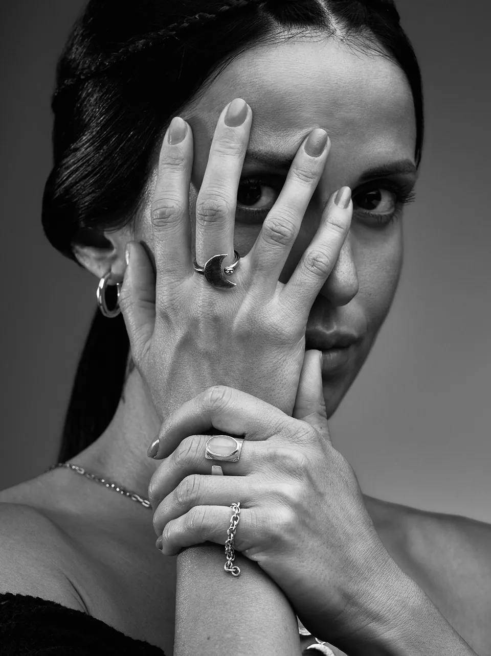 Rhythm lookbook detail of Indigo sterling silver ring worn on skin