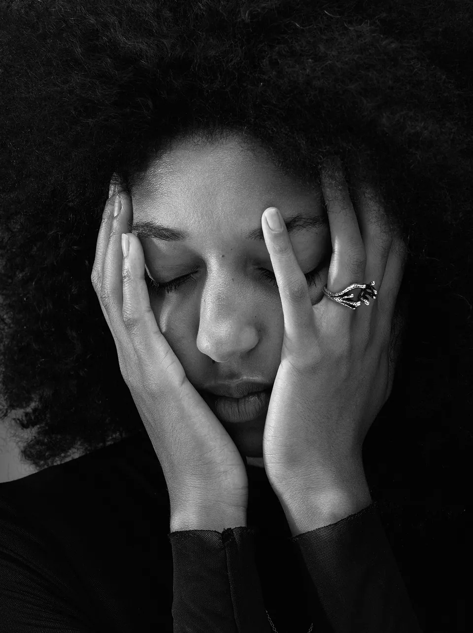 Sub-noise lookbook detail of Indigo oxidized sterling silver ring worn on skin
