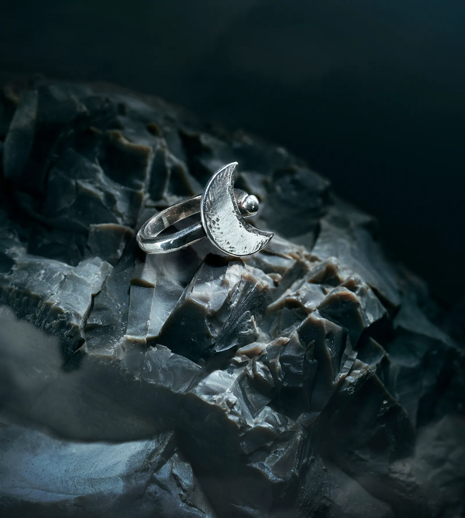 Indigo Selene ring, handcrafted hand-forged sterling silver 925 with burnished crescent-moon detail