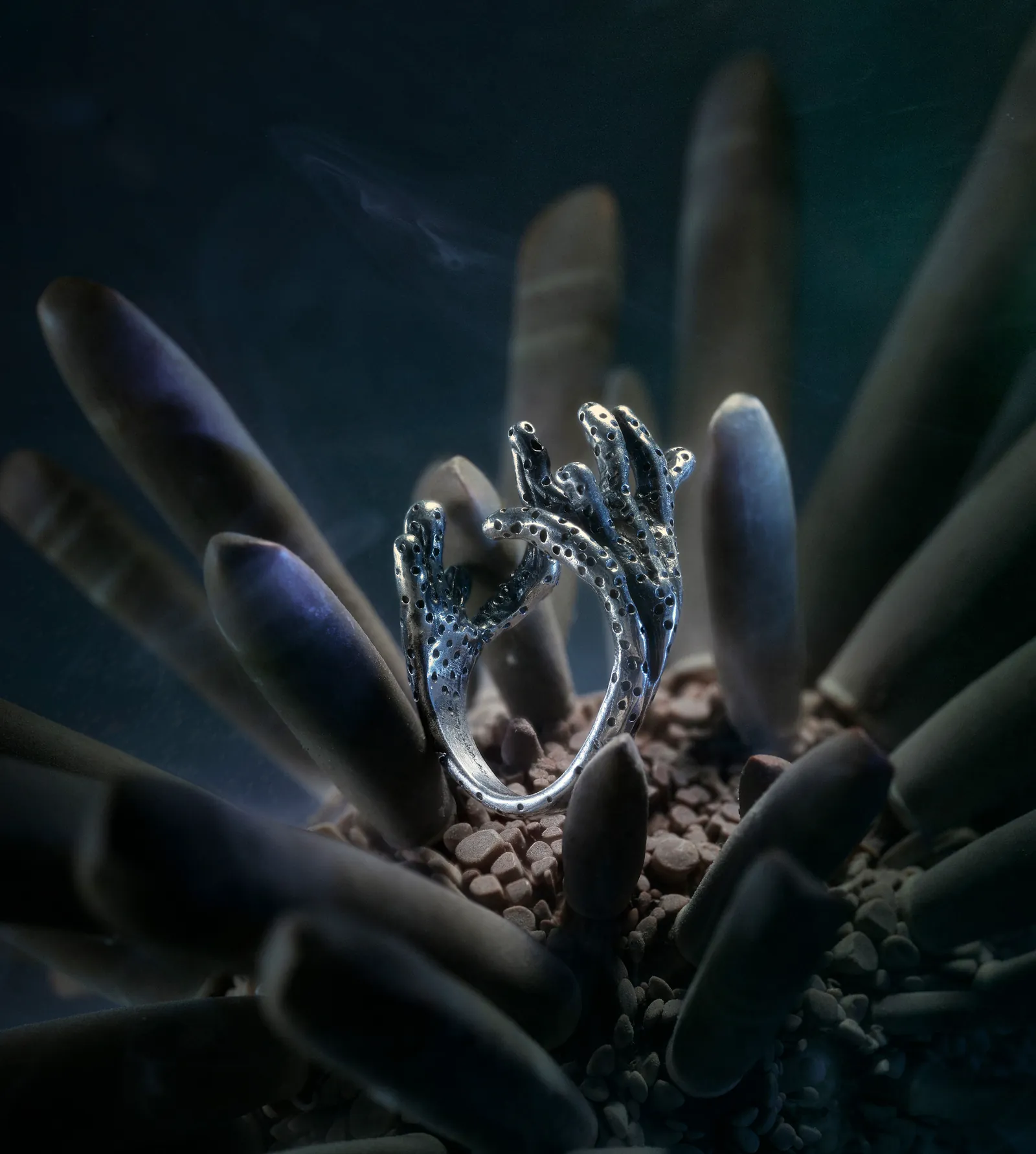 Indigo Undertow ring, handcrafted lost-wax cast sterling silver 925 with oxidized seaweed-inspired form